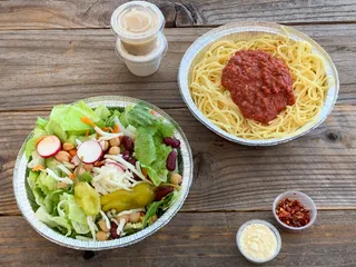 #5 Large two-topping pizza, spaghetti or lasagna, mixed green salad